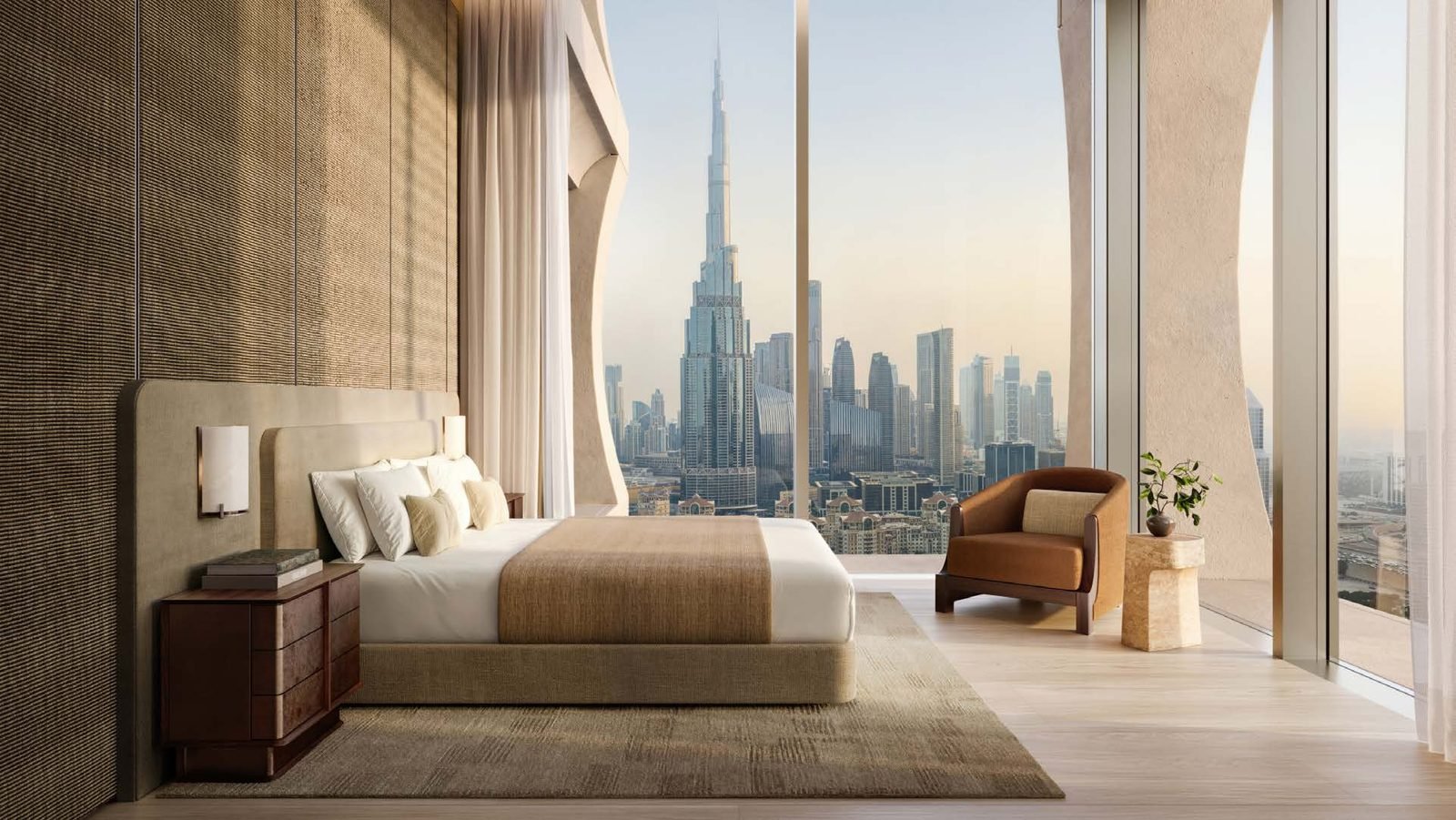 Principal bedroom with a wall of glass onto the skyline