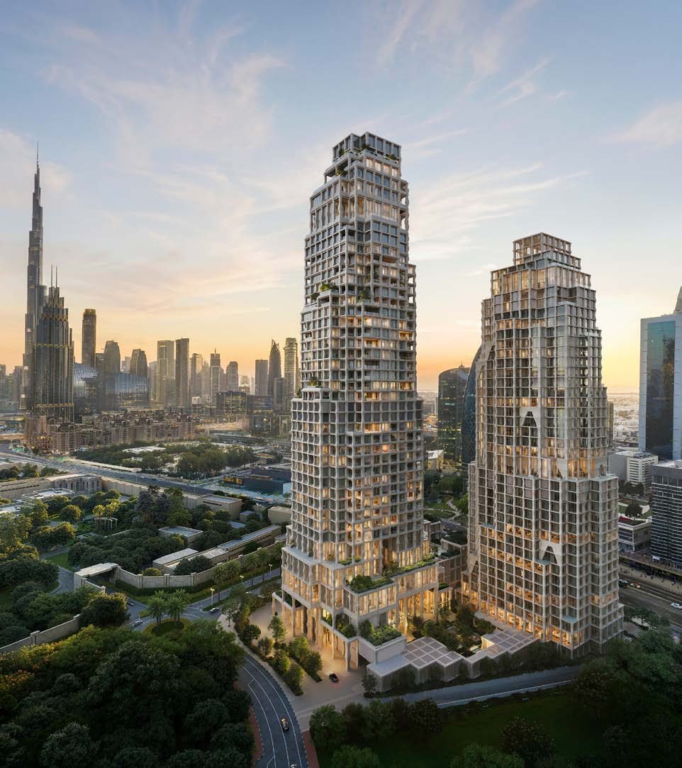 The Janu Dubai towers rising above DIFC 2, with the Burj Khalifa beyond