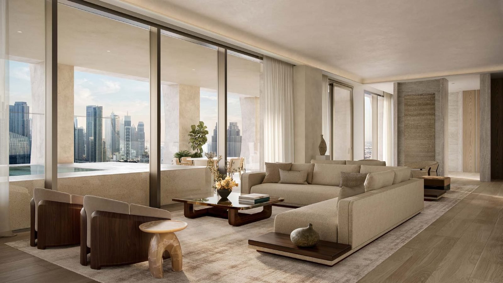 Panoramic living and lounge space with wraparound city views