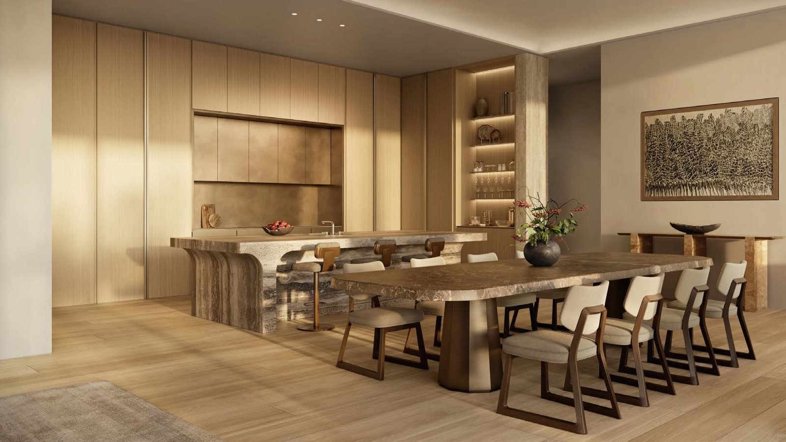 Residence kitchen in warm stone and timber