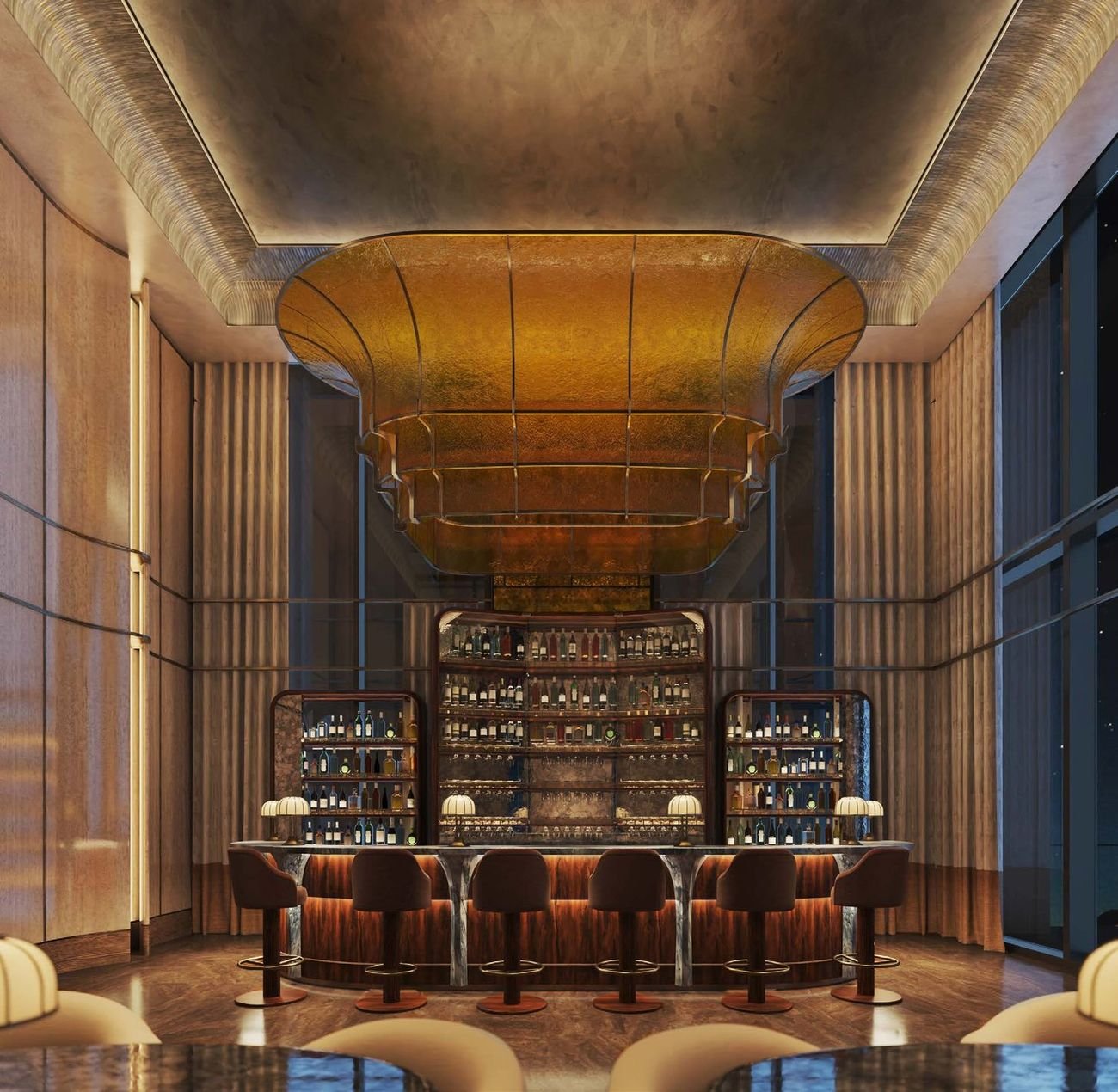 Mixology bar in warm timber and brass