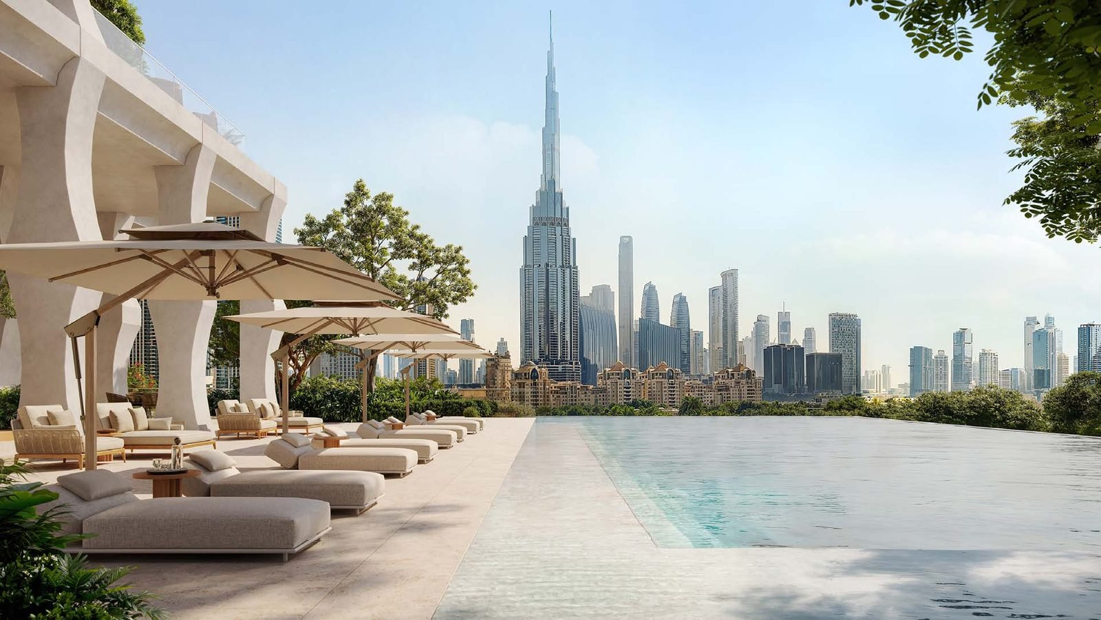 Wellness sundeck and terrace overlooking the Burj Khalifa